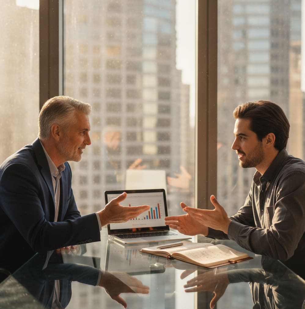 Mentor and entrepreneur reviewing business plans at a desk